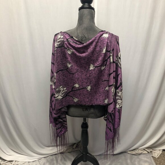 Purple Floral Fringe Poncho Shawl Wrap Scarf Silver Black Detailing - Picture 7 of 9
